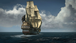A multi-masted wooden sailing ship with large cream-colored sails moving through dark blue ocean waves.