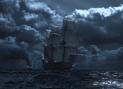 A large multi-masted sailing ship moves through dark, choppy ocean waves under a heavy, cloudy sky.