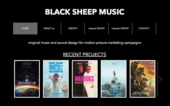 Black Sheep Music website showing navigation menu and a gallery of recent movie project posters.