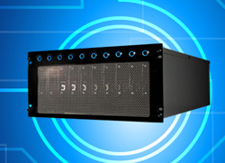 Black rectangular electronic server chassis with blue glowing circular ports on a blue tech-themed background.