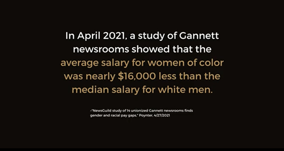 Text stating that in April 2021, women of color at Gannett earned nearly $16,000 less than white men.