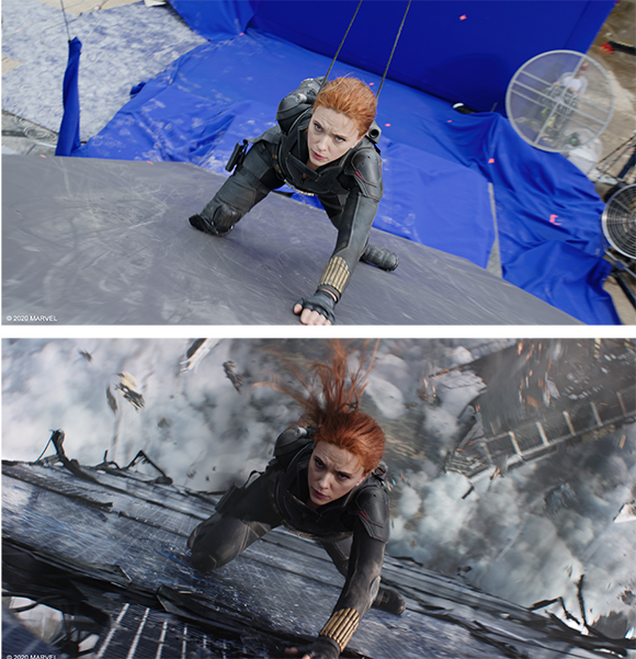Top: actress on a set with blue fabric and wires. Bottom: the same scene rendered as a character climbing a building.
