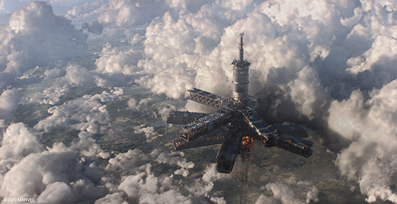 A dark, star-shaped metallic structure floating amidst a vast expanse of white clouds.