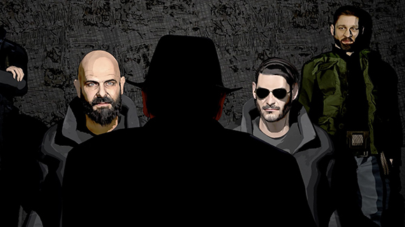 Five men in dark, stylized clothing stand against a dark, textured grey wall.
