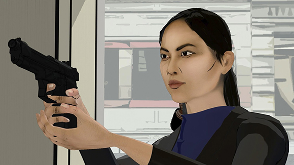 An animated woman holds a black handgun with both hands, looking forward with a serious expression.