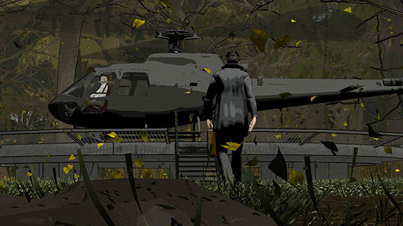 A man in a dark suit walks toward a black helicopter parked in a forest with falling yellow leaves.