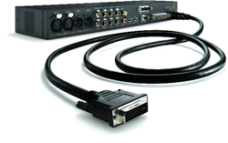 A black rack-mounted audio interface with various input/output ports and a long coiled cable ending in a D-sub connector.