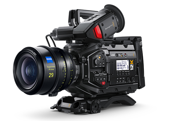 Blackmagic Design 12K cinema camera equipped with a large Zeiss Supreme Prime 29mm lens on a white background.