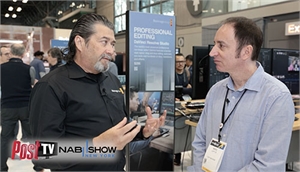 Two men in conversation at a media trade show near a display for professional editing.