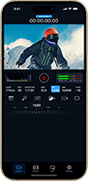 Smartphone screen showing a video editing app with a clip of a person in a helmet and timeline controls.