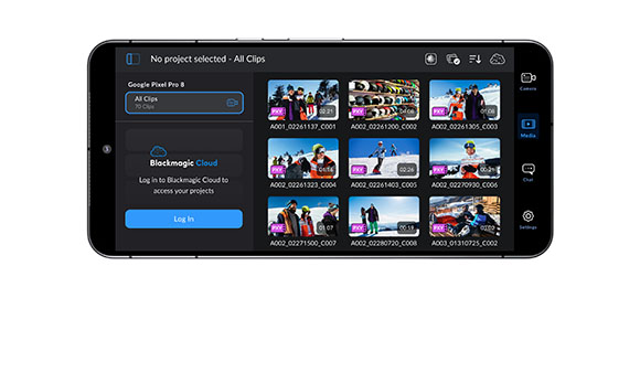 Smartphone screen showing a video media library with various thumbnails and a cloud login prompt.