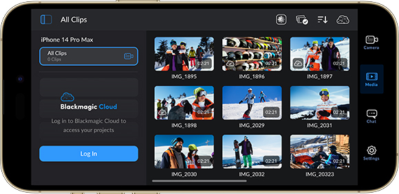 Smartphone screen showing a video clip library with thumbnails of people in snowy mountain settings.