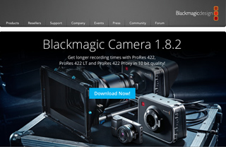 Promotional webpage for Blackmagic Camera 1.8.2 featuring professional cinema cameras and lenses.