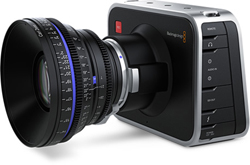 A black digital camera body with a large, professional cinema lens attached to the front.