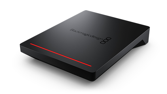 A black rectangular electronic device with a red light strip and Blackmagic Design logo on top.