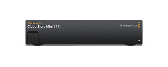Blackmagic Cloud Store Mini 8TB storage device with a black chassis and USB port.