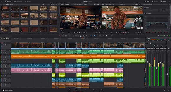 A video editing software interface showing a timeline, media pool, and video preview windows.
