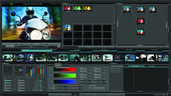 A digital video editing software interface displaying video clips, timelines, and color grading tools.