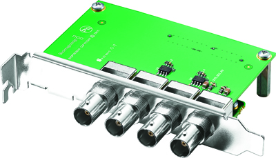 Green circuit board with four silver BNC connectors attached to a metal mounting bracket.
