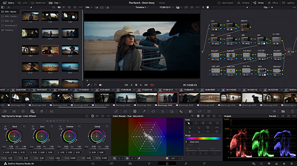 A video editing software interface showing a film scene, color grading tools, and a timeline.