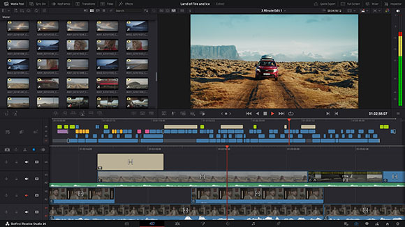A video editing software interface displaying a landscape preview and multiple video tracks on a timeline.