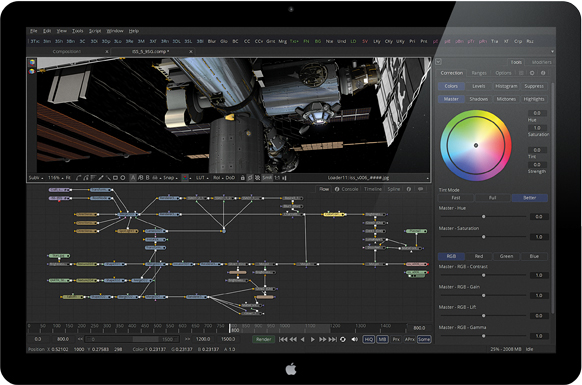 A tablet screen showing video editing software with a node graph, color wheels, and a video preview.