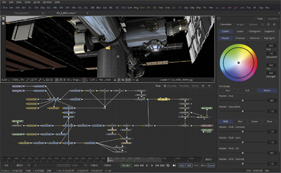 Interface of video editing software displaying a spacecraft image and a complex node-based color grading graph.