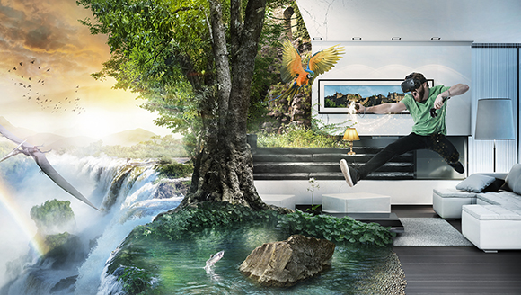 A man in a VR headset jumps in a living room merging into a landscape of waterfalls, dinosaurs, and tropical trees.