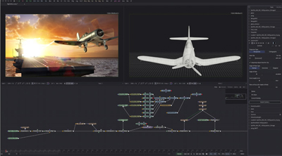 A 3D modeling software interface displaying a rendered aircraft carrier scene and a white wireframe plane model.