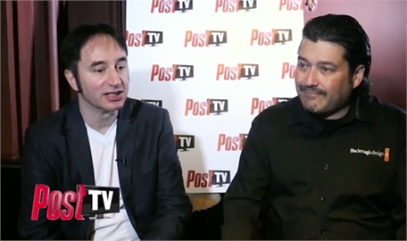 Two men sit side-by-side in front of a white backdrop with red and black Post TV logos.