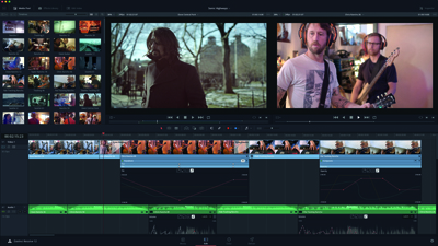 Video editing software interface with a source monitor, program monitor, media browser, and timeline.