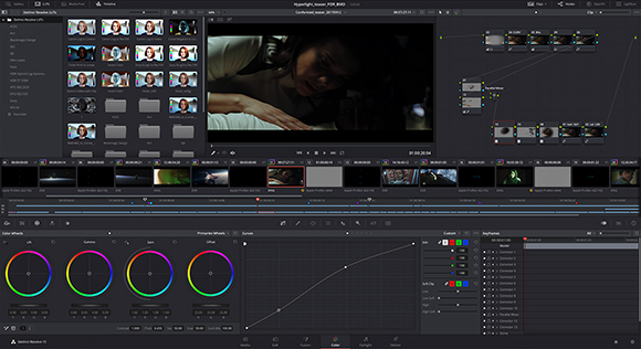 Video editing software interface displaying a video timeline, color wheels, and a preview of a person's face.