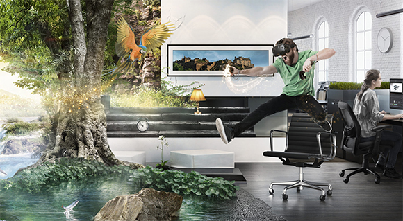 A man wearing a VR headset jumps mid-air in a room merging with a forest, waterfall, and tropical birds.