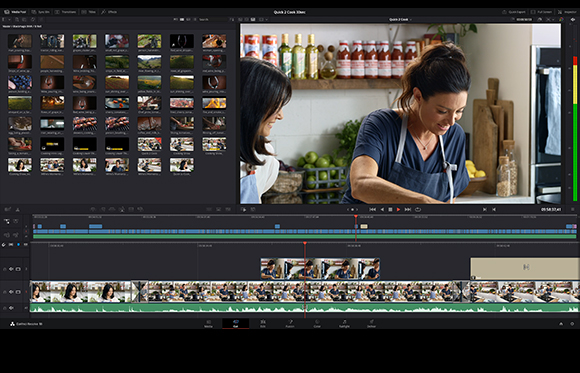 A video editing software interface displaying a timeline and a preview of a woman in a kitchen.