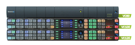Three black Teranex video processing units with various colored buttons and digital displays.