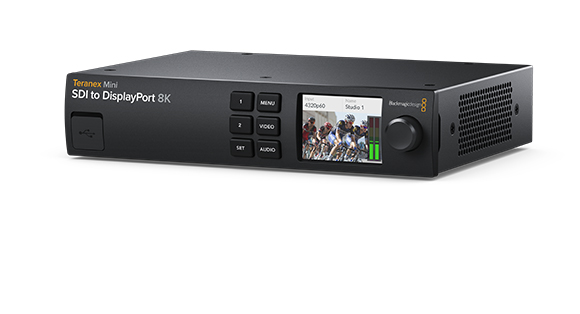 Black Teranex Mini SDI to DisplayPort 8K converter with buttons, a small screen, and a control knob.