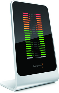 A white L-shaped stand holding a black rectangular screen with glowing green, orange, and red horizontal bars.