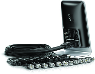 A black electronic device with a thick black cable ending in multiple silver connectors.