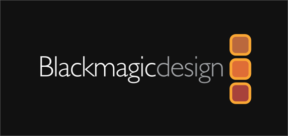 Blackmagic Design logo with white text and three orange rounded squares stacked vertically on a black background.