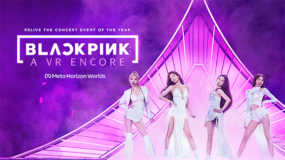 Four women in white outfits pose against a purple background with a geometric structure and text.