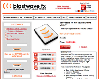 Blastwave FX website displaying the Sonopedia 3.0 HD Sound Effects Library product page.