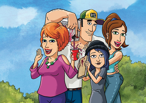 Cartoon drawing of five diverse people posing together against a blue sky and green trees.