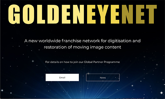 GOLDENEYENET text in large gold letters over a dark blue starry background with descriptive text and buttons.