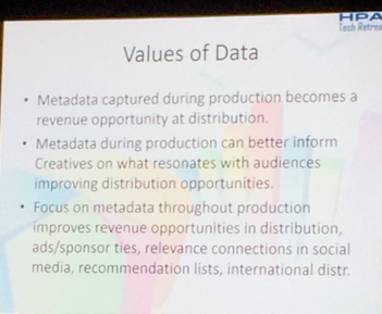 Slide with title 'Values of Data' and bullet points discussing how metadata during production can create revenue opportunitie