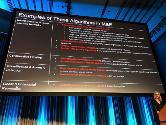 Presentation slide listing algorithms like Neural Networks, Collaborative Filtering, and Regression with their applications i
