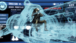 Holographic blue wireframe of a pilot sitting inside a starship within a digital user profile interface.