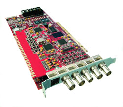 A red electronic circuit board with various microchips and a row of silver BNC connectors.