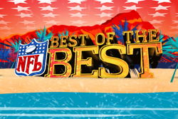 Graphic with NFL logo and text 'Best of the Best' over a tropical beach, palm trees, and sunset sky.
