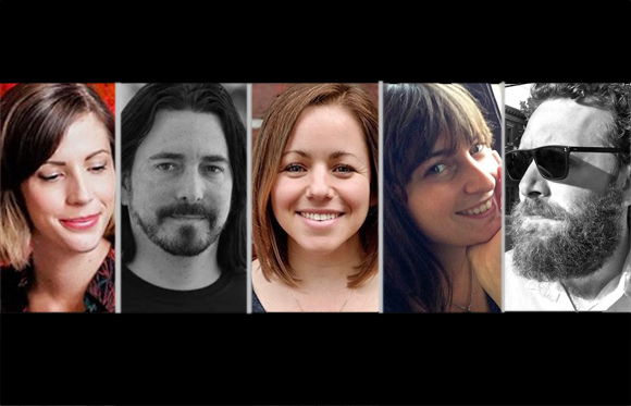 Five diverse portrait headshots of different people arranged side-by-side in a horizontal strip.