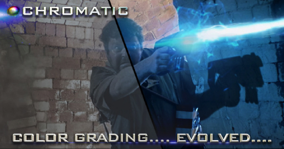 Split screen showing a man with a prop gun in desaturated tones versus a blue-tinted, glowing effect.
